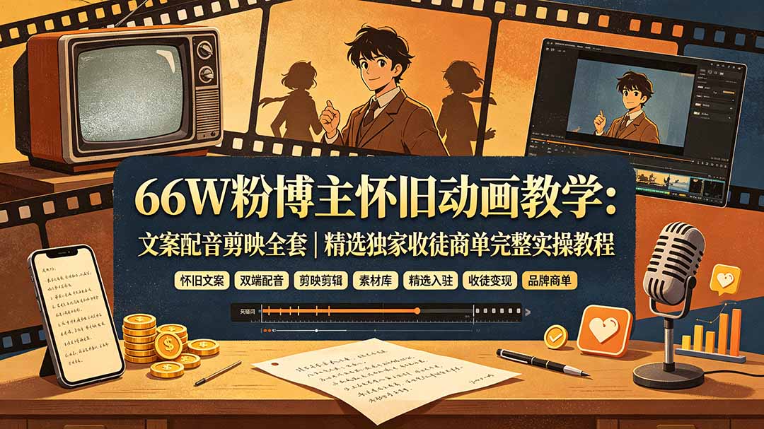 （19499期）66W粉博主怀旧动画教学：文案配音剪映全套｜精选独家收徒商单完整实操教程-翌晨科技网