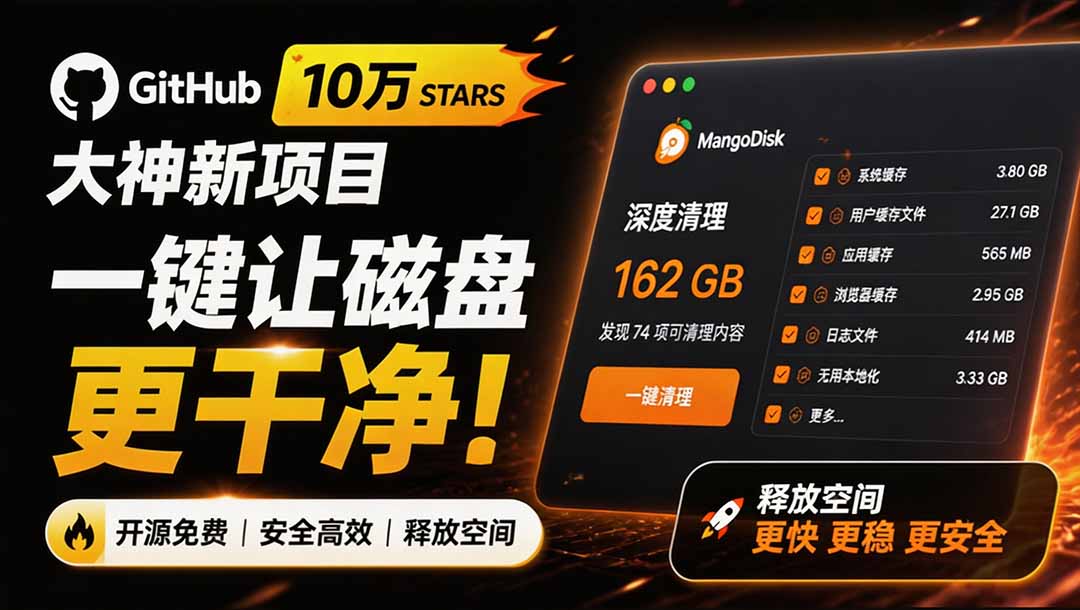 （19894期）在Gtihub上做出10万 stars 的大神，又发布新项目了！一键让磁盘更干净，开源免费清理工具 MangoDisk-翌晨科技网