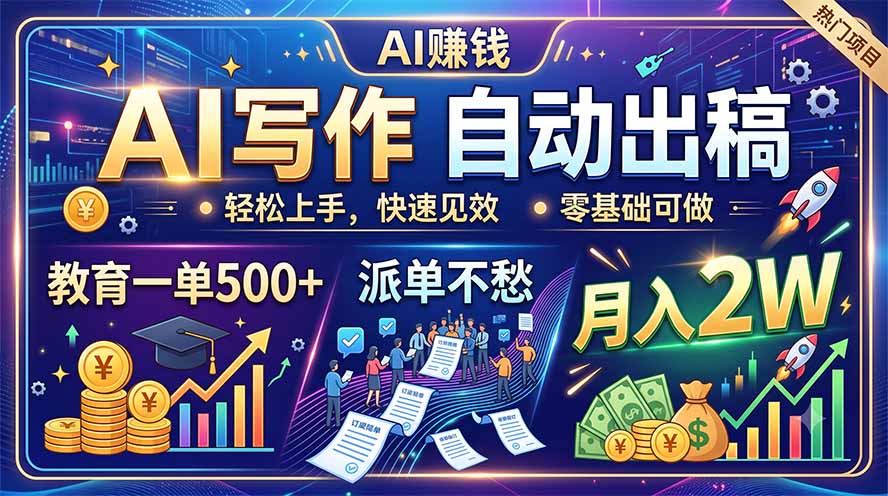 （19614期）AI写作自动出稿，教育一单500+，派单不愁，月入2W-翌晨科技网