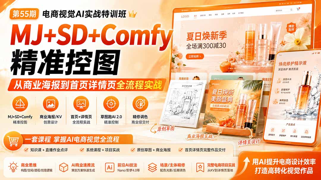 （20027期）电商视觉 AI实战训练营第55期：MJ+SD+Comfy精准控图，从商业海报到首页详情页全流程实战-翌晨科技网