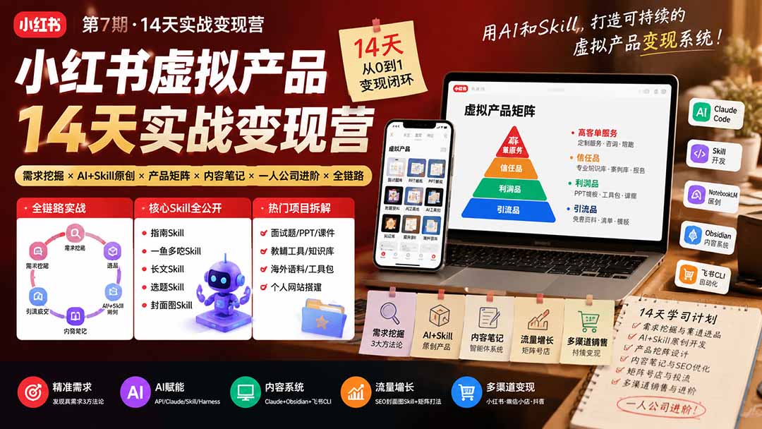 （19712期）小红书虚拟产品14天实战变现营-第7期：需求挖掘×AI+Skill原创×产品矩阵×内容笔记×一人公司进阶×全链路-翌晨科技网