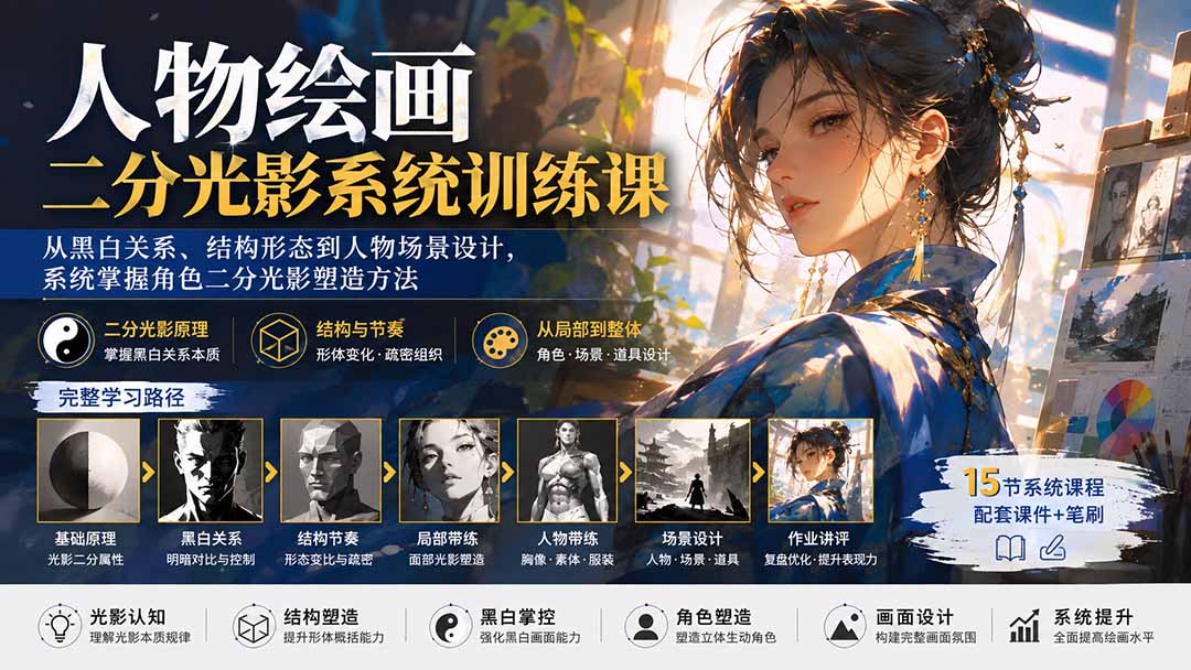 （20141期）人物绘画二分光影系统训练课：从黑白关系、结构形态到人物场景设计，系统掌握角色二分光影塑造方法-翌晨科技网