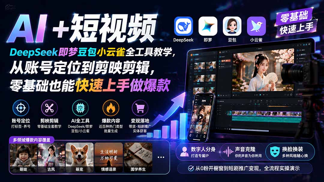 （19759期） AI+短视频｜DeepSeek即梦豆包小云雀全工具教学，从账号定位到剪映剪辑，零基础也能快速上手做爆款-翌晨科技网