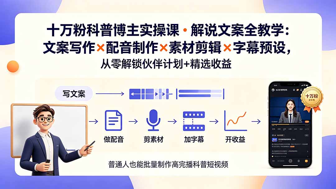 （19275期）10万粉科普博主实操课-解说文案全教学：文案写作×配音制作×素材剪辑×字幕预设，从零解锁伙伴计划+精选收益-翌晨科技网