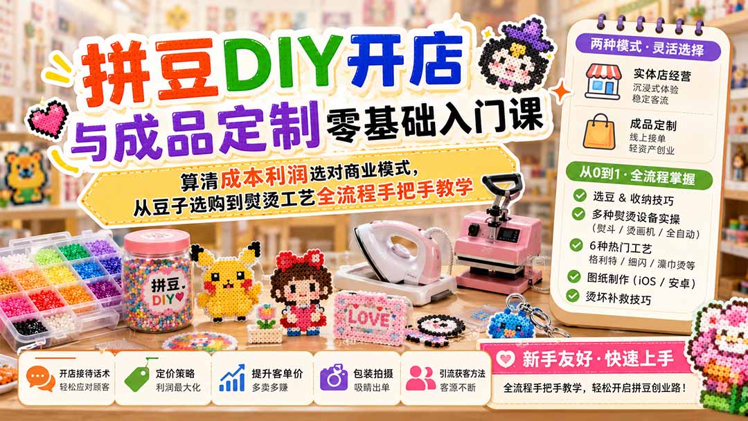 （19845期）拼豆DIY开店与成品定制零基础入门课；算清成本利润选对商业模式，从豆子选购到熨烫工艺全流程手把手教学-翌晨科技网