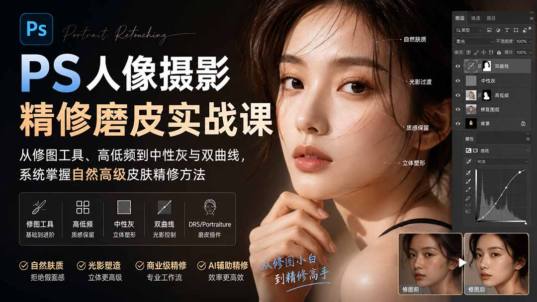 （20061期）PS人像摄影精修磨皮实战课：从修图工具、高低频到中性灰与双曲线，系统掌握自然高级皮肤精修方法-翌晨科技网