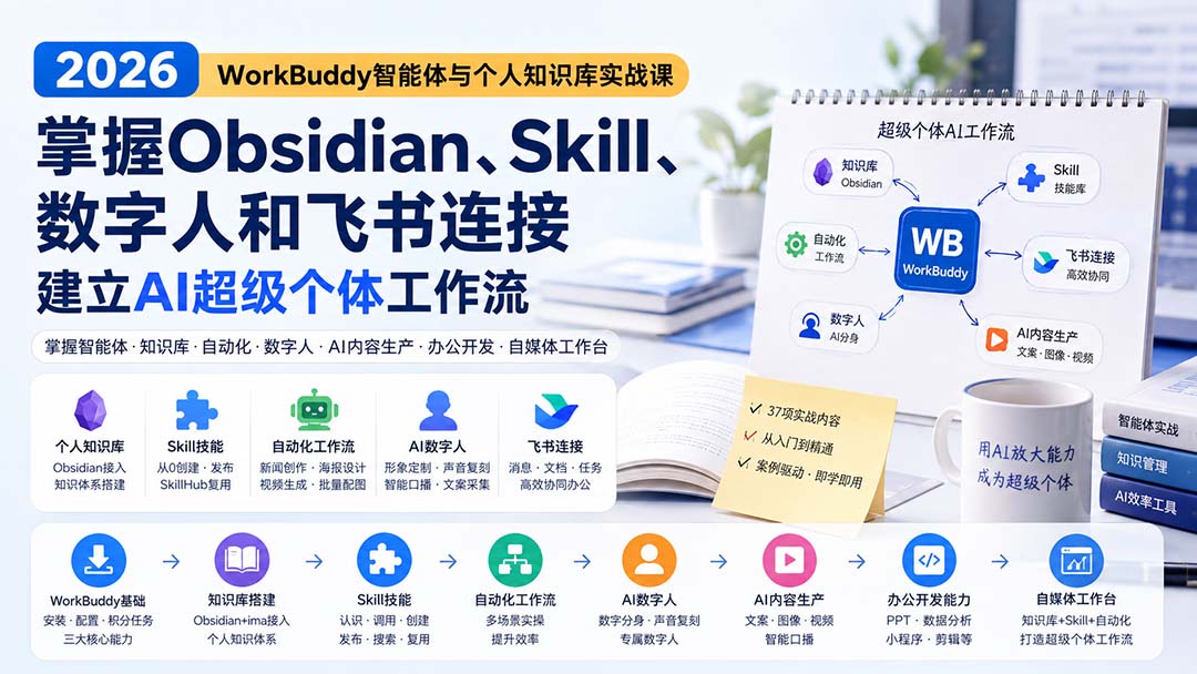 （20169期）2026 WorkBuddy智能体与个人知识库实战课：掌握Obsidian、Skill、数字人和飞书连接，建立AI超级个体工作流-翌晨科技网