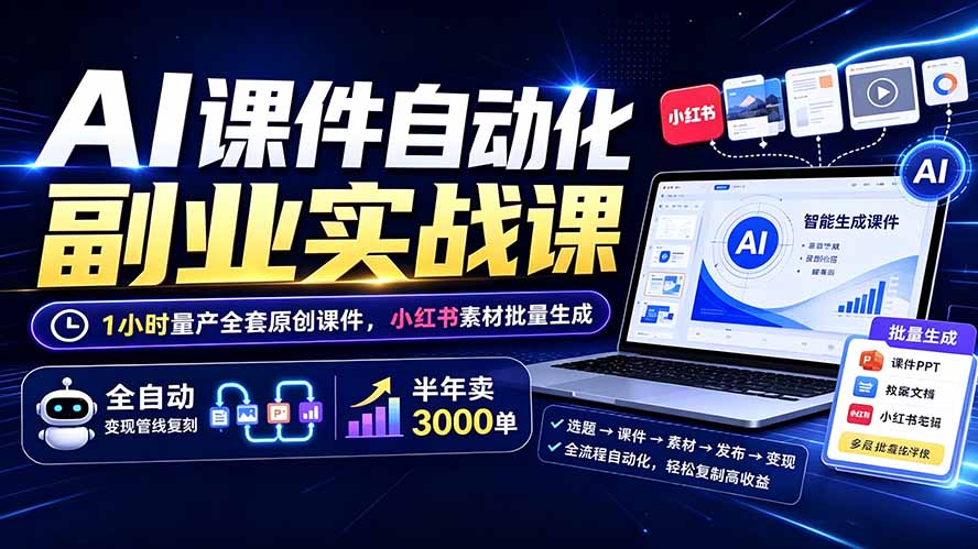 （19518期）AI课件自动化副业实战课：1小时量产全套原创课件×小红书素材批量生成×全自动变现管线×半年卖3000单-翌晨科技网