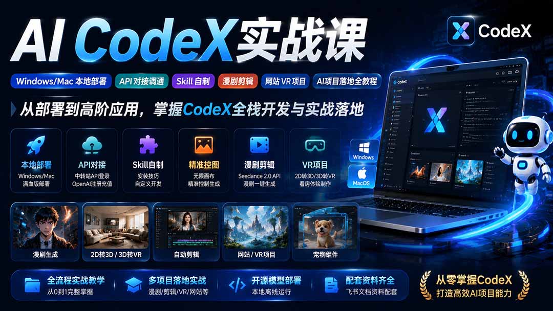 （19769期）AI  CodeX实战课｜Windows/Mac 本地部署｜API 对接调通｜Skill 自制｜漫剧剪辑｜网站 VR 项目｜AI项目落地全教程-翌晨科技网