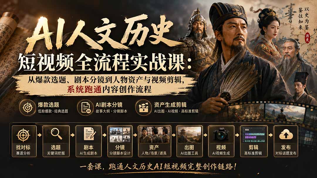 （20074期）AI人文历史短视频全流程实战课：从爆款选题、剧本分镜到人物资产与视频剪辑，系统跑通内容创作流程-翌晨科技网