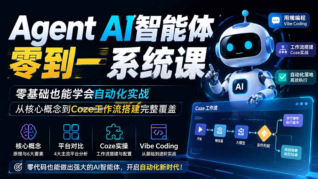 （19753期）Agent AI智能体零到一系统课；零基础也能学会自动化实战，从核心概念到Coze工作流搭建完整覆盖-翌晨科技网