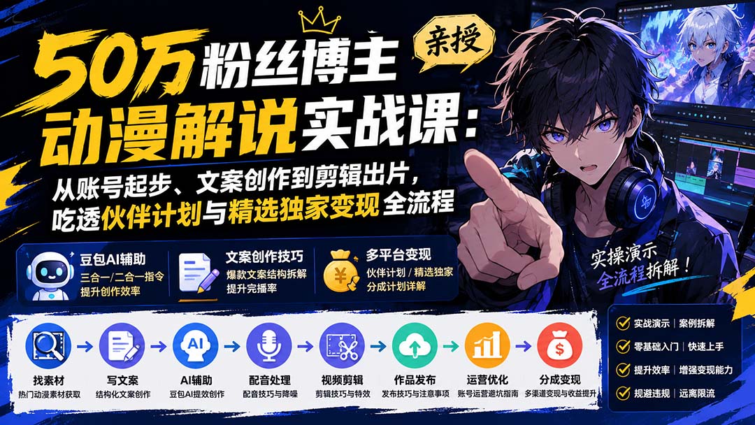 （20144期）50万粉丝博主亲授动漫解说实战课：从账号起步、文案创作到剪辑出片，吃透伙伴计划与精选独家变现全流程-翌晨科技网