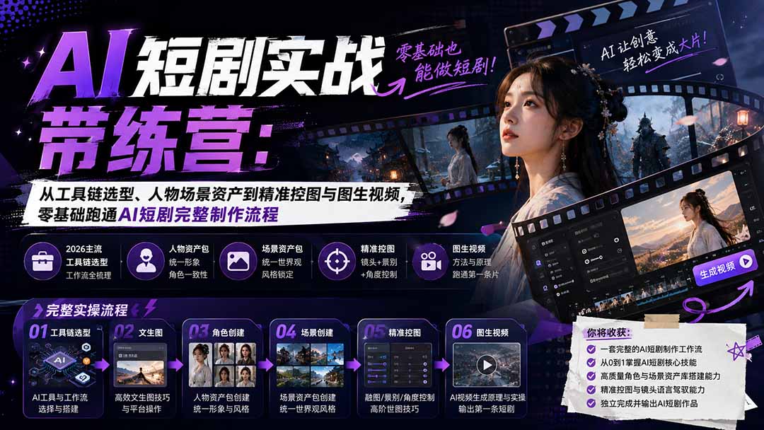 （20064期）AI短剧实战训练营：从工具链选型、人物场景资产到精准控图与图生视频，零基础跑通AI短剧完整制作流程-翌晨科技网