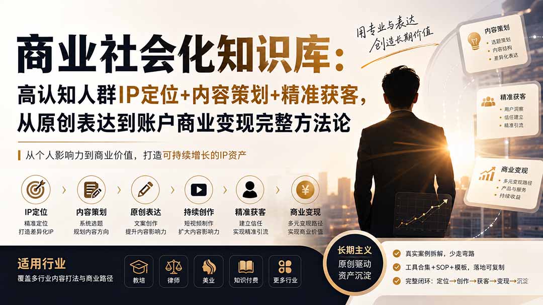 （19733期）商业社会化知识库：高认知人群IP定位+内容策划+精准获客，从原创表达到账户商业变现完整方法论-翌晨科技网
