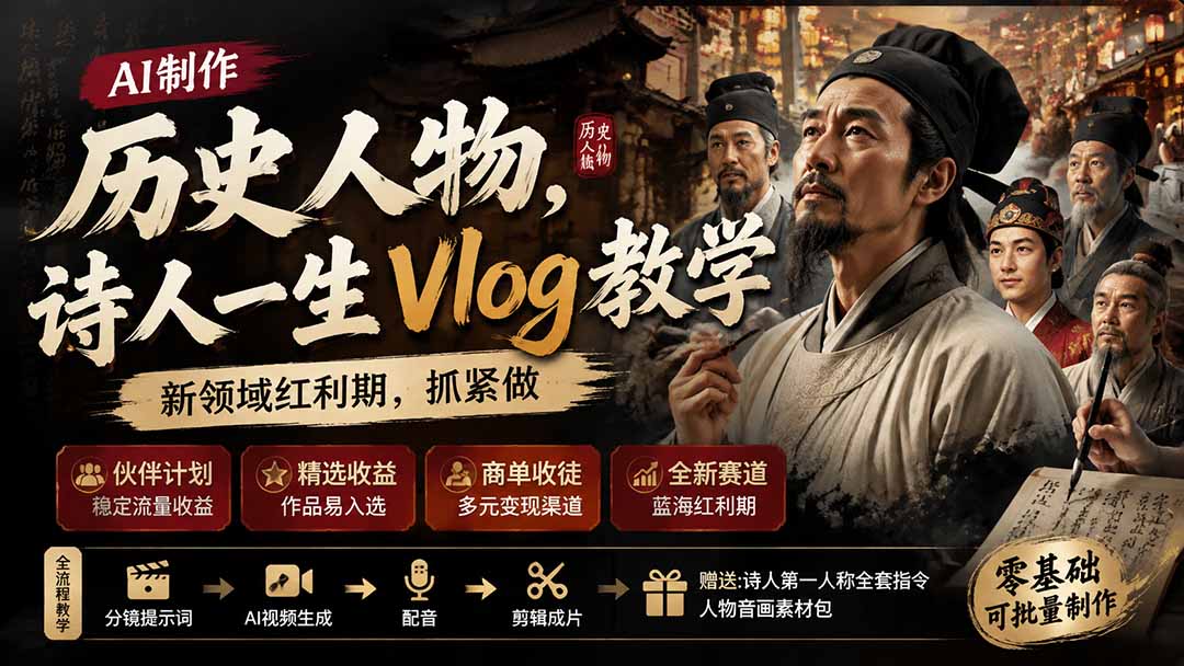 （19758期）历史人物，诗人一生Vlog教学， AI制作丨伙伴计划丨精选收益丨商单收徒 ，新领域红利期，抓紧做-翌晨科技网