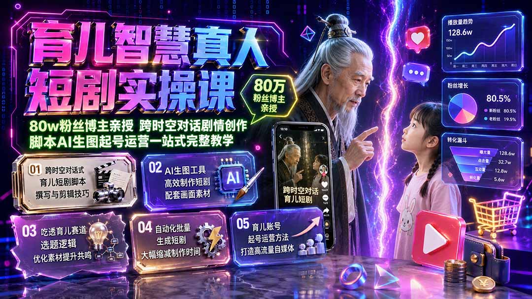 （19663期）育儿智慧真人短剧实操课｜80w粉丝博主亲授，跨时空对话剧情创作，脚本AI生图起号运营一站式完整教学-翌晨科技网