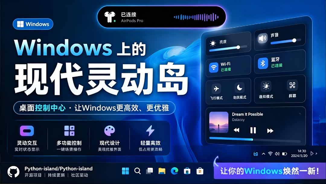 （19104期）Windows也能拥有桌面灵动岛！现代化的系统控制中心，让你的电脑多个黑刘海，PyIsland-翌晨科技网