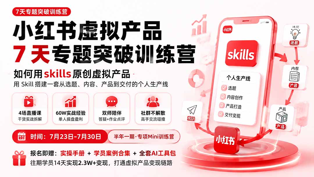（19817期）小红书虚拟产品7天专题突破训练营，如何用skills原创虚拟产品，用Skil搭建一套从选题、内容、产品到交付的个人生产线-翌晨科技网