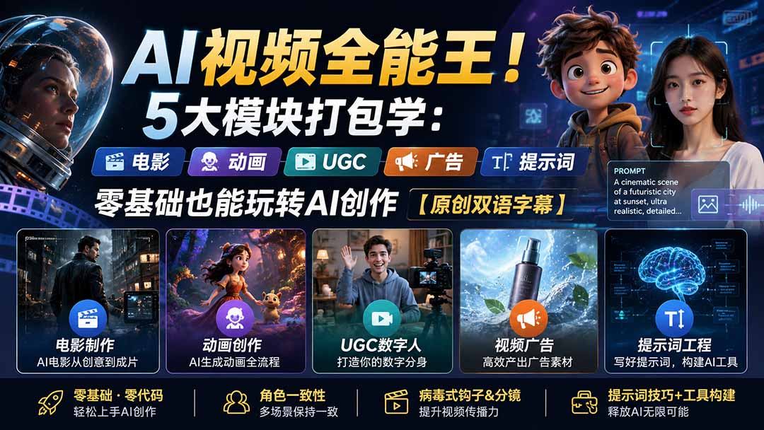 （20048期）AI视频全能王！5大模块打包学：电影、动画、UGC、广告、提示词，零基础也能玩转AI创作【原创双语字幕】-翌晨科技网