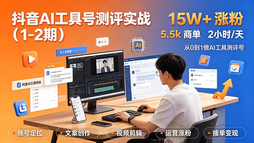 （19380期）抖音AI工具号测评实战（1-2期）：单号涨粉15W+×商单5.5k×伙伴计划×普通人可复制，每天2小时长期可持续-翌晨科技网