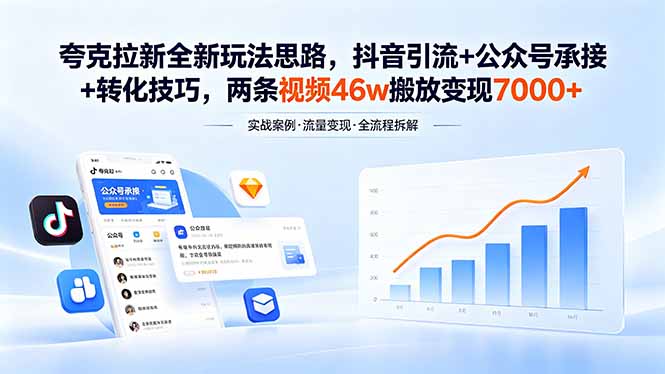 （18416期）夸克拉新全新玩法思路，抖音引流+公众号承接+转化技巧，两条视频46w搬放 变现7000+-翌晨科技网