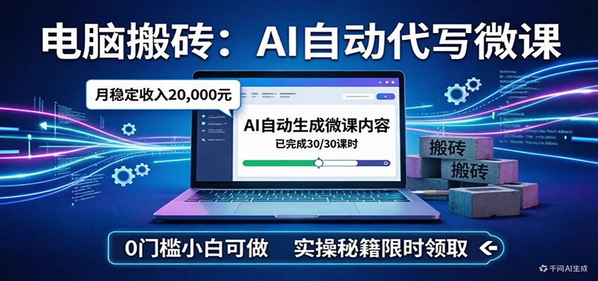 电脑搬砖AI自动代写微课，月稳定2W，0门槛小白可做，实操秘籍-翌晨科技网