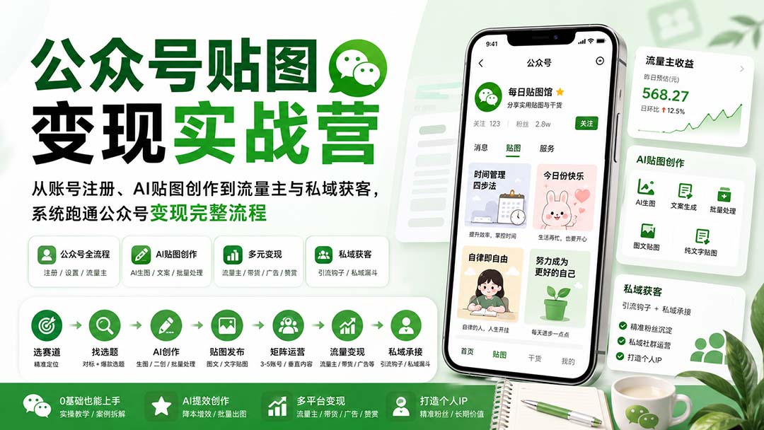 （20120期）公众号贴图变现实战营：从账号注册、AI贴图创作到流量主与私域获客，系统跑通公众号变现完整流程-翌晨科技网