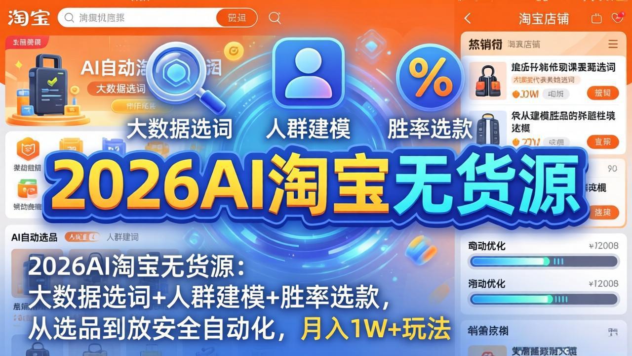 （17812期）2026AI淘宝无货源：大数据选词+人群建模+胜率选款，从选品到放大全自动化，月入1W+玩法-翌晨科技网