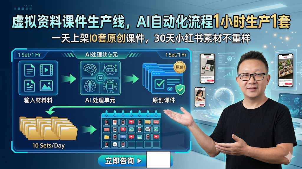 （19091期）虚拟资料课件生产线，AI自动化流程1小时生产1套，一天上架10套原创课件，30天小红书素材不重样-翌晨科技网