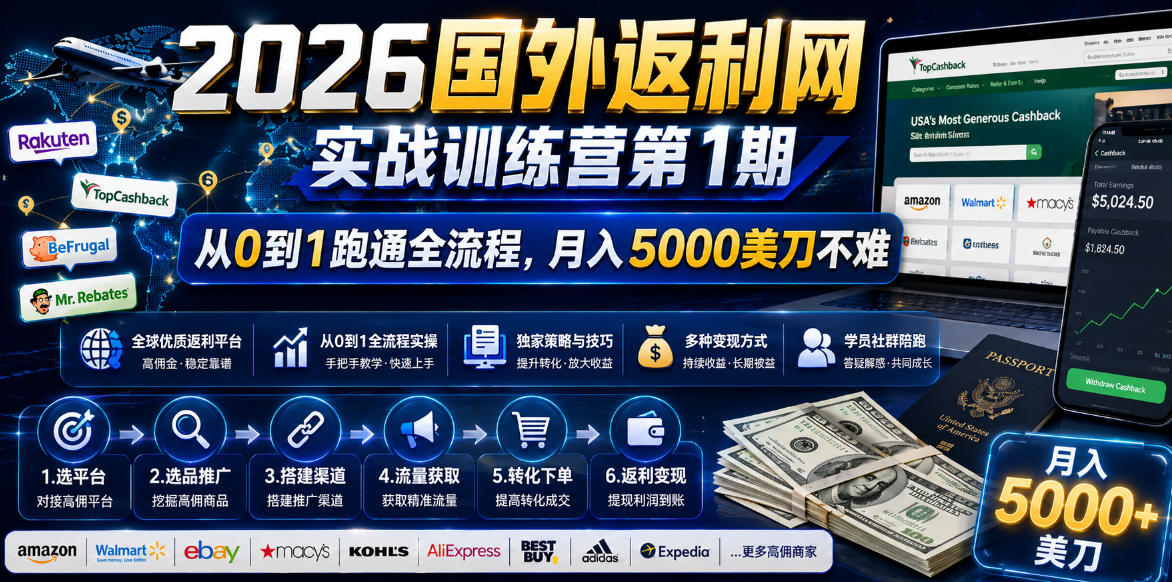 （18807期）2026国外返利网实战变现营-第一期，从零拆解项目逻辑与流程，跑通完整变现链路，月入5000美金-翌晨科技网