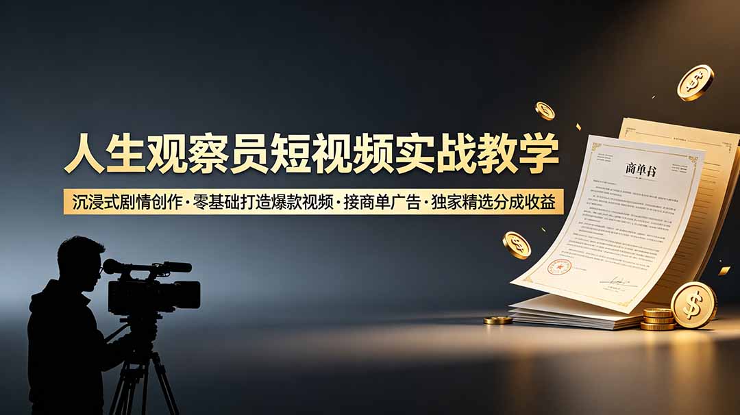 （19113期）人生观察员短视频实战教学，沉浸式剧情创作，零基础打造爆款视频，接商单广告，独家精选分成收益-翌晨科技网