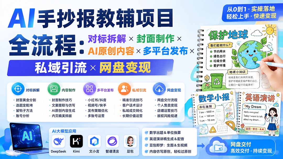 （19785期）AI手抄报教辅项目全流程：对标拆解×封面制作×AI原创内容×多平台发布×私域引流×网盘变现-翌晨科技网
