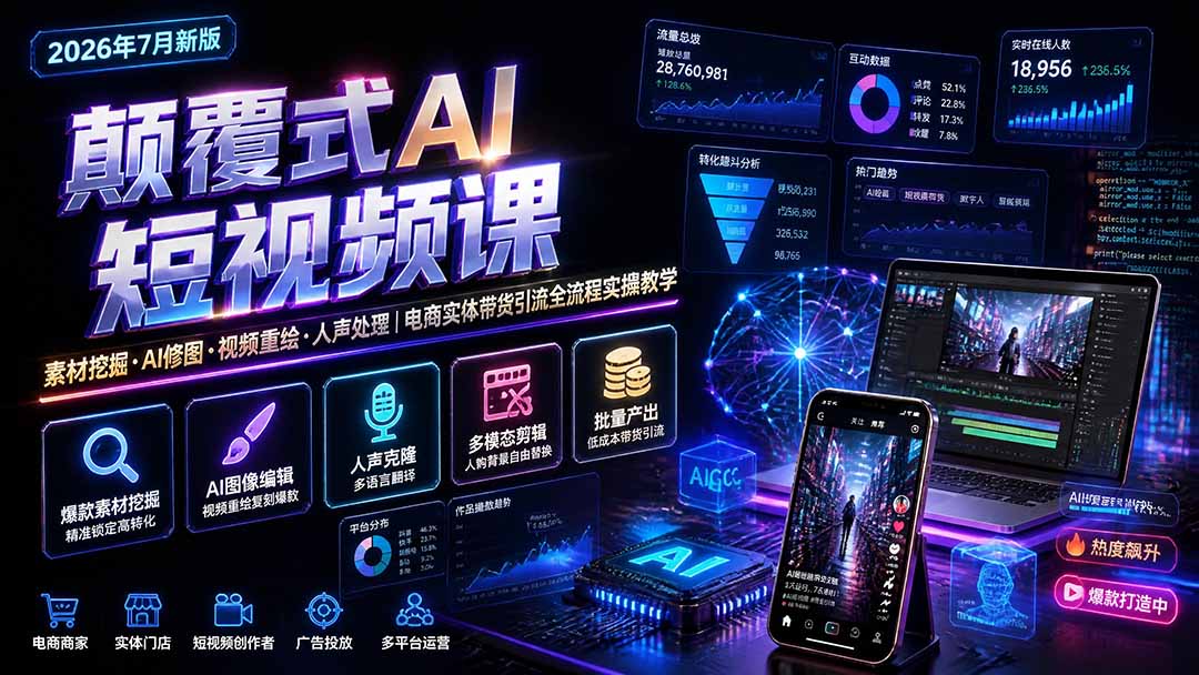 （19630期）颠覆式AI短视频课｜素材挖掘，AI修图，视频重绘，人声处理｜电商实体带货引流全流程实操教学-翌晨科技网
