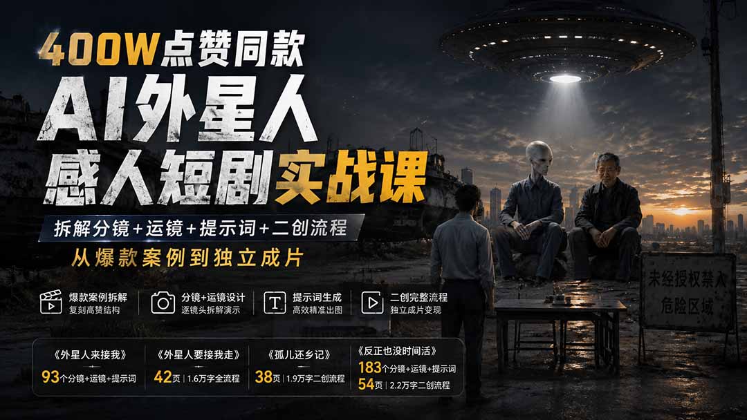 （20052期）400W点赞同款AI外星人感人短剧实战课：拆解分镜+运镜+提示词+二创流程，从爆款案例到独立成片-翌晨科技网