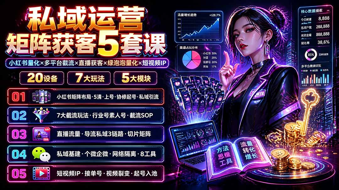 （19617期）私域运营矩阵获客5套课：小红书量化×多平台截流×直播获客×绿泡泡量化×短视频IP×20设备×7大玩法-翌晨科技网