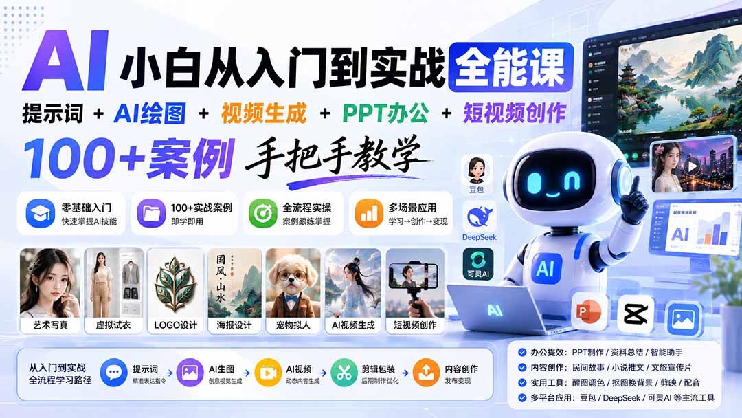 （20018期）AI小白从入门到实战全能课：提示词+AI绘图+视频生成+PPT办公+短视频创作，100+案例手把手教学-翌晨科技网