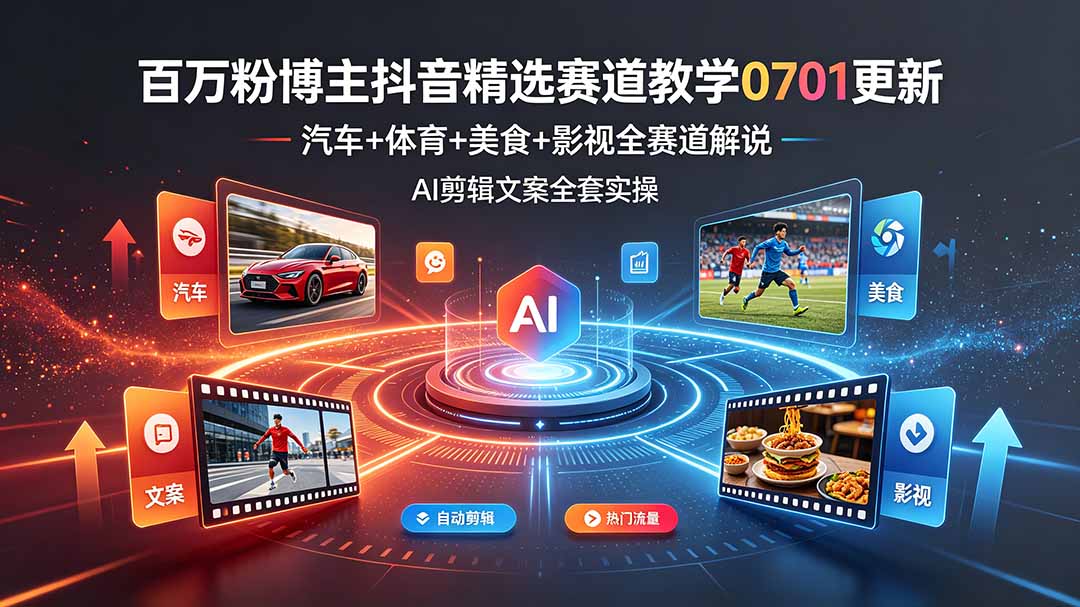 （19144期）百万粉博主抖音精选赛道教学-0701更新，汽车+体育+美食+影视全赛道解说，AI剪辑文案全套实操-翌晨科技网