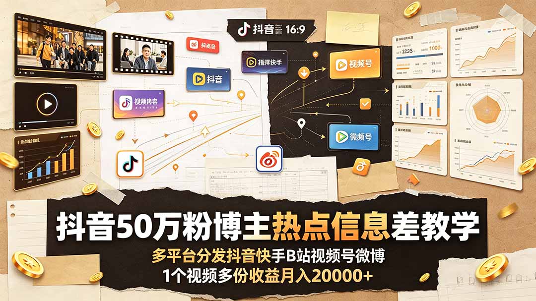 （19145期）抖音50万粉博主热点信息差教学：多平台分发抖音快手B站视频号微博，1个视频多份收益月入20000+-翌晨科技网