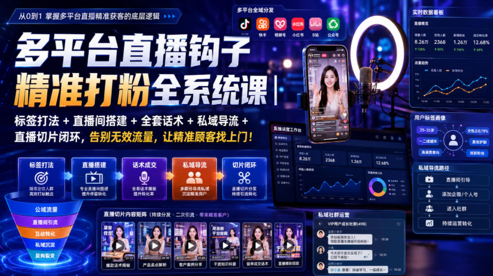 多平台直播钩子精准打粉全系统课｜标签打法+直播间搭建+全套话术+私域导流+直播切片闭环，告别无效流量，让精准顾客找上门！-翌晨科技网