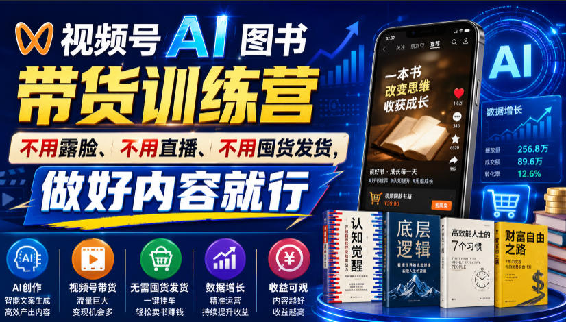 视频号AI图书带货训练营，不用露脸、不用直播、不用囤货发货，做好内容就行，一条爆款视频佣金8942-翌晨科技网