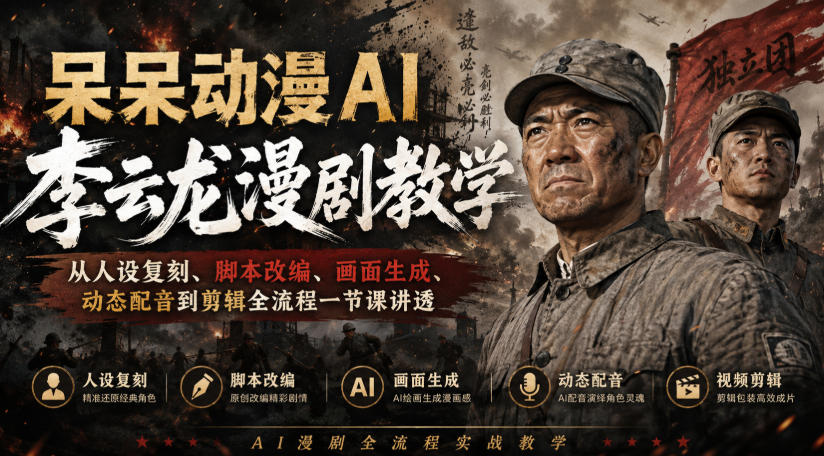 呆呆动漫AI李云龙漫剧教学，从人设复刻、脚本改编、画面生成、动态配音到剪辑全流程一节课讲透-翌晨科技网
