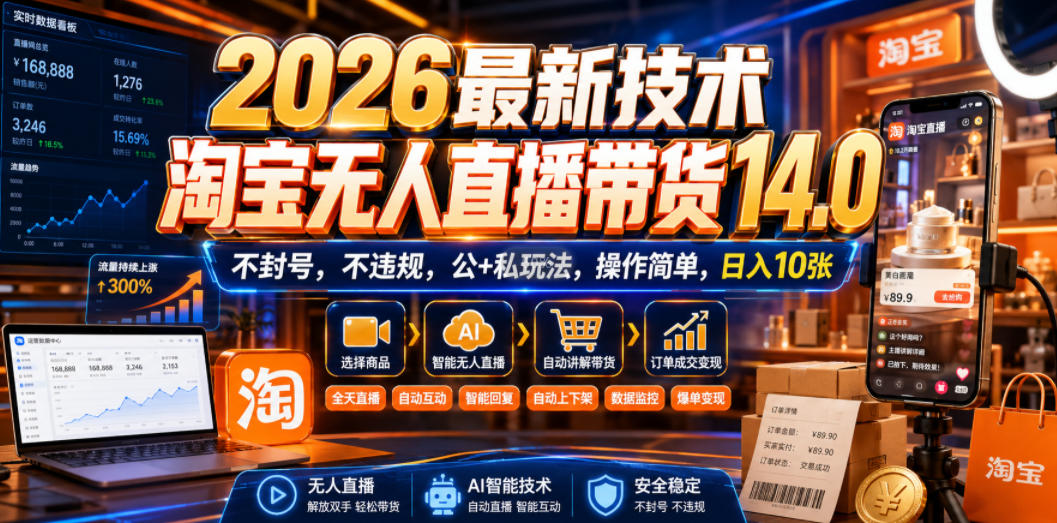 2026最新技术，淘宝无人直播带货14.0，不封号，不违规，公+私玩法，操作简单，日入10张【揭秘】-翌晨科技网
