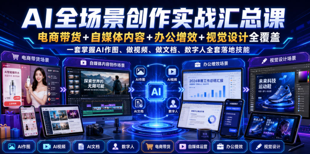 AI全场景创作实战汇总课｜电商带货+自媒体内容+办公增效+视觉设计全覆盖，一套掌握AI作图、做视频、做文档、数字人全套落地技能-翌晨科技网