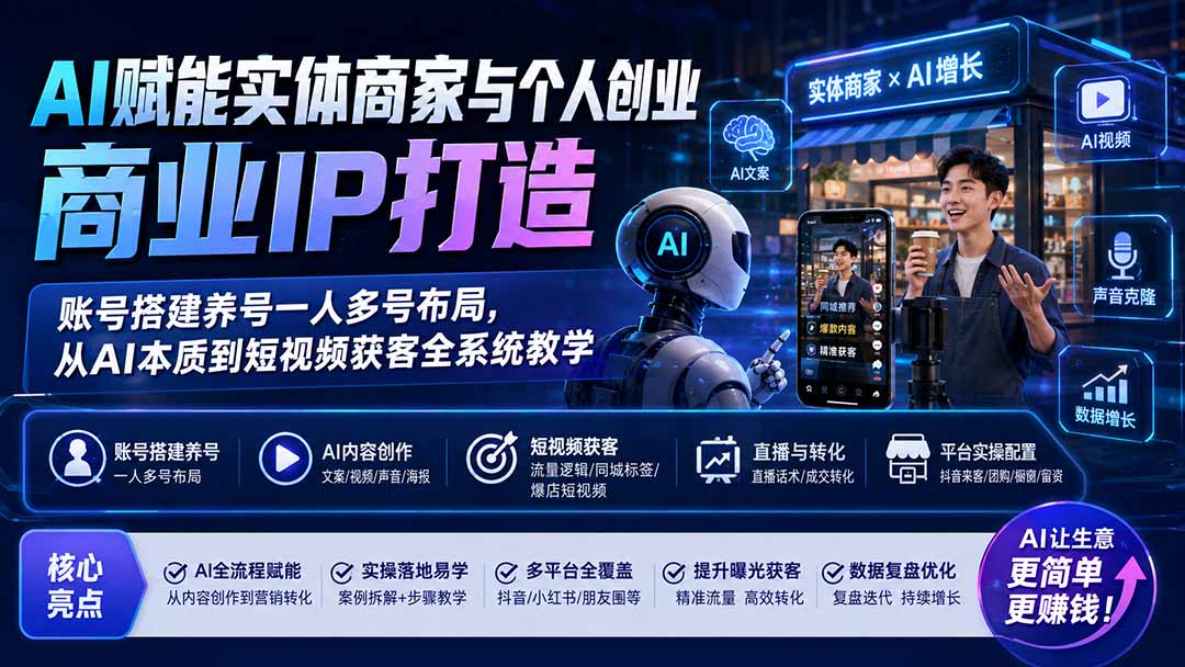 （19852期）AI赋能实体商家与个人创业商业IP打造；账号搭建养号一人多号布局，从AI本质到短视频获客全系统教学-翌晨科技网
