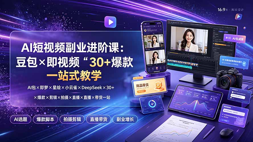 （19458期）AI短视频副业进阶课：豆包×即梦×星绘×小云雀×DeepSeek×30+爆款×剪辑×拍摄×直播×带货一站式教学-翌晨科技网