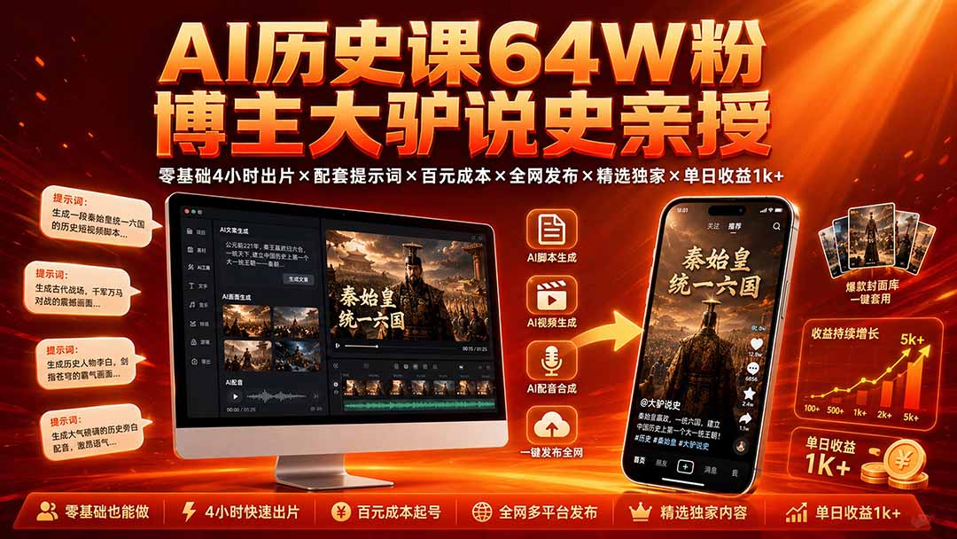（19557期）AI历史课64W粉博主大驴说史亲授：零基础4小时出片×配套提示词×百元成本×全网发布×精选独家×单日收益1k+-翌晨科技网