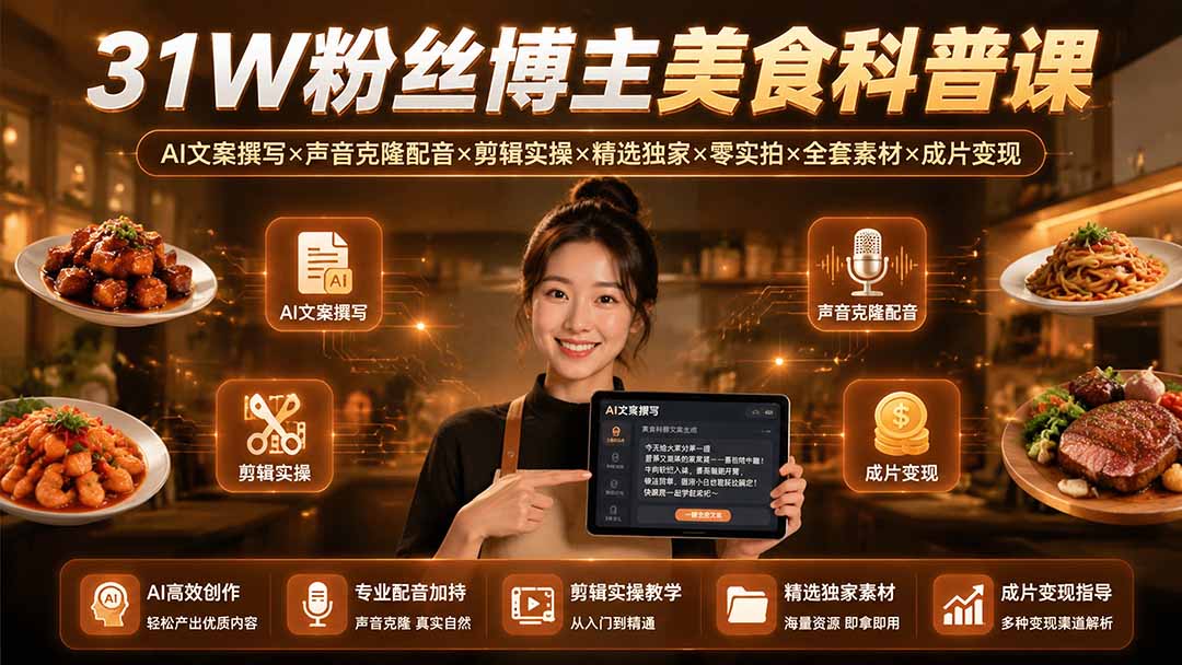 （19558期）31W粉丝博主美食科普课：AI文案撰写×声音克隆配音×剪辑实操×精选独家×零实拍×全套素材×成片变现-翌晨科技网