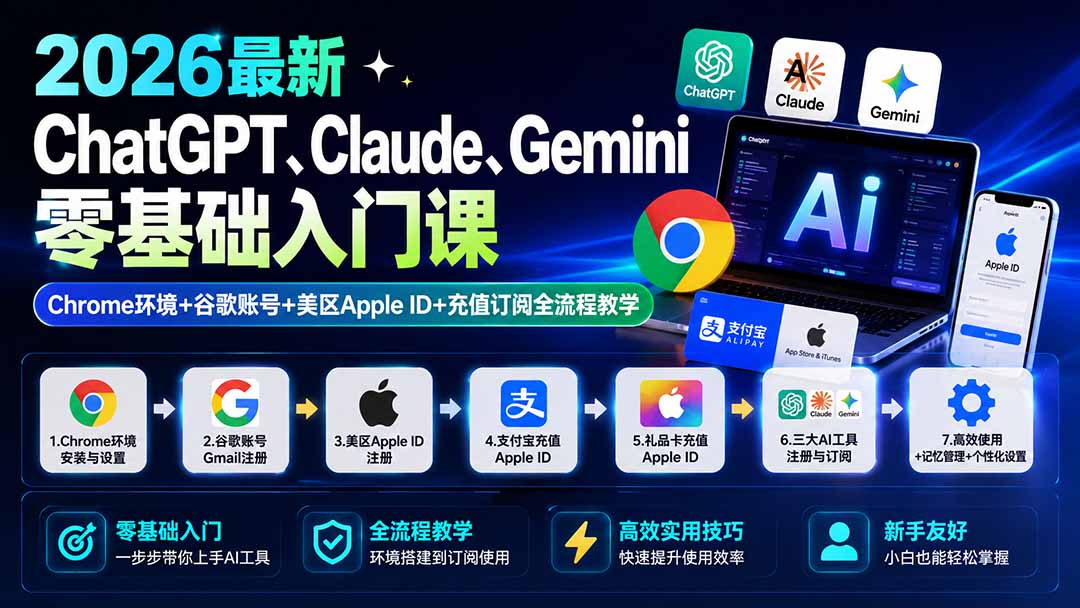 （19923期）2026最新ChatGPT、Claude、Gemini零基础入门课：Chrome环境+谷歌账号+美区Apple ID+充值订阅全流程教学-翌晨科技网