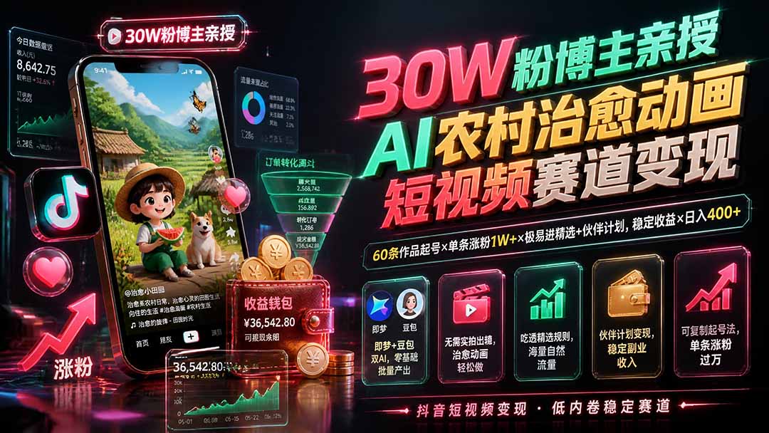 （19648期）30W粉博主亲授AI农村治愈动画短视频赛道变现：60条作品起号×单条涨粉1W+×极易进精选+伙伴计划，稳定收益×日入400+-翌晨科技网