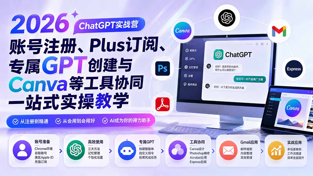 （19924期）2026 ChatGPT实战营；账号注册、Plus订阅、专属GPT创建与Canva等工具协同一站式实操教学-翌晨科技网